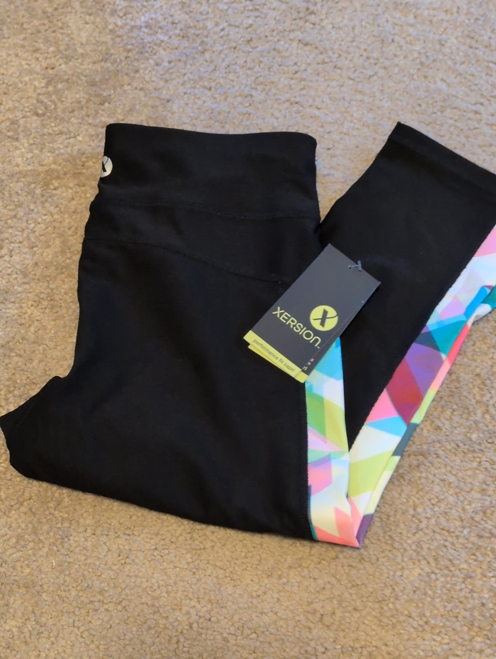 Xersion Black Leggings with Multicolor Geometric Side Panel Medium New